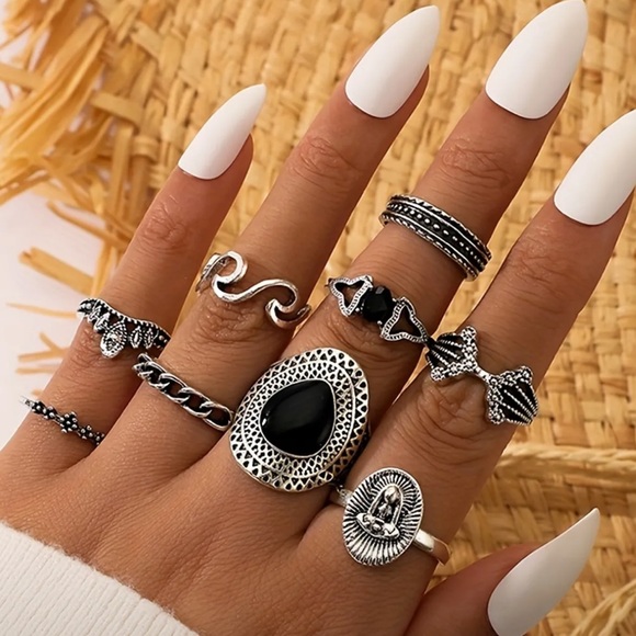 9-Piece Aged Silver Tribal Ring Set - Picture 2 of 5